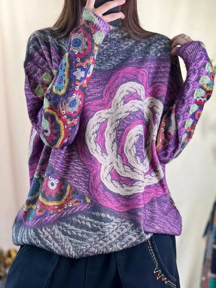 2023 inverno moda donna maglioni caldi donna Vintage stampato dolcevita maglioni femmine Pullover di cotone Casual floreale di lusso