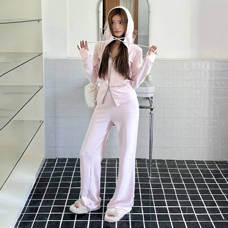 

Женские брюки, спортивные костюмы, короткое пальто с капюшоном и длинными рукавами на шнурке, топы, повседневные эластичные брюки с высокой талией, уличный комплект из двух предметов