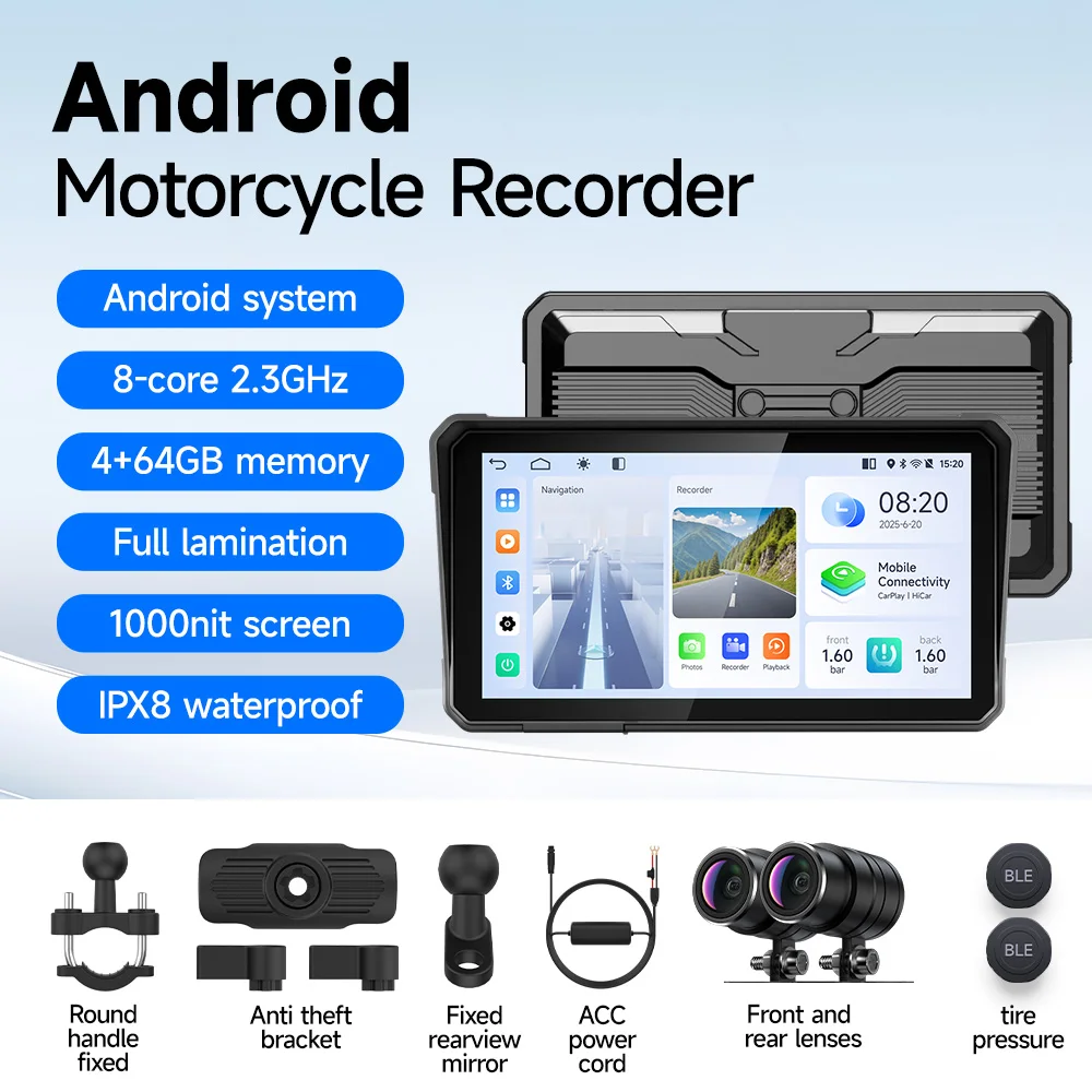 

Android 8-core 64G Navigation Gps Wireless Carplay/ Android Auto Recorder Front & Rearview Waterproof Dash Cam for Motorcycle