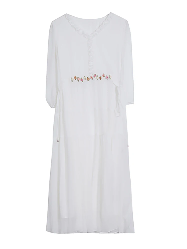 Robe mi-longue en mousseline de soie blanche style Boho pour femmes, tenue élégante à volants, col en v, mode coréenne décontractée, été 2024