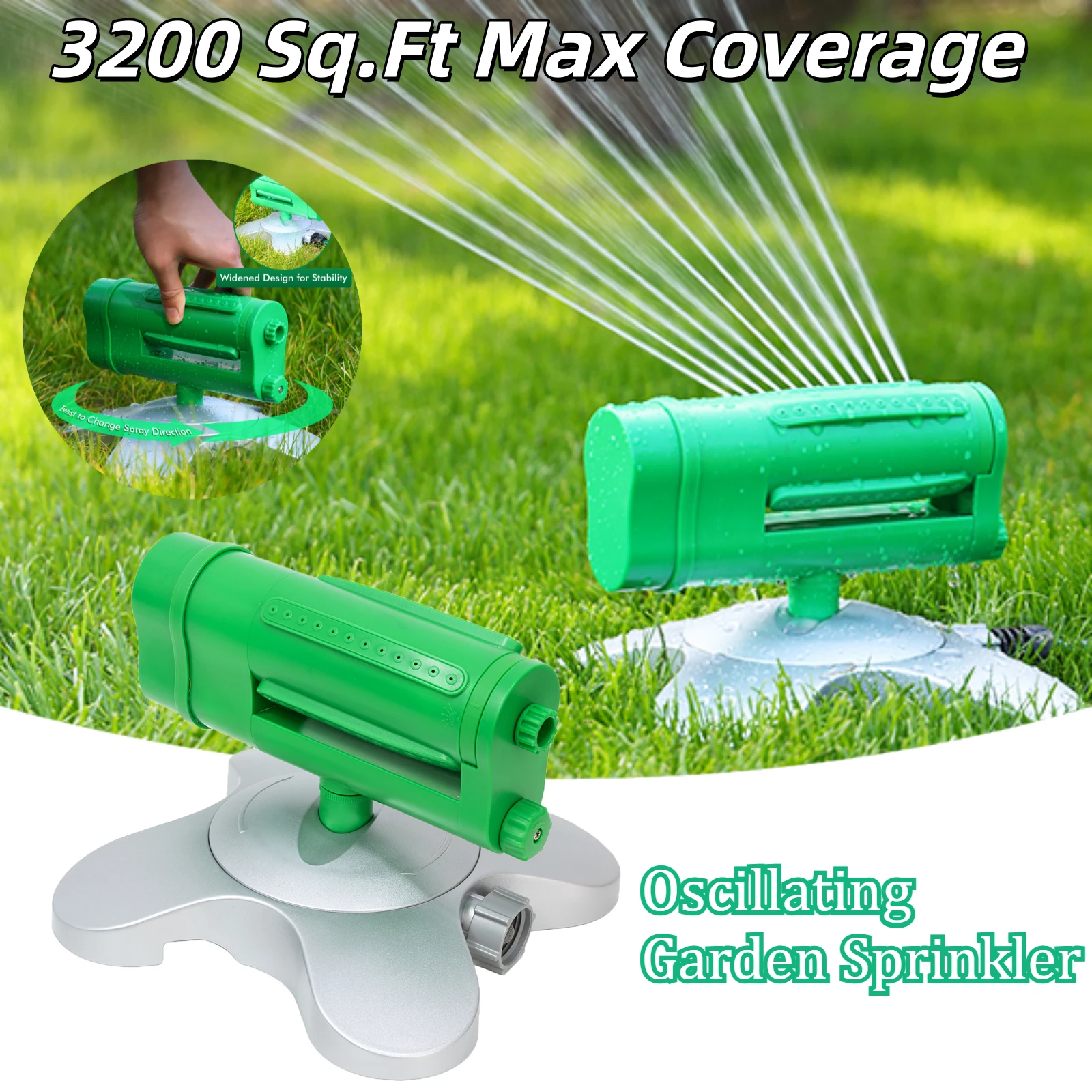 High Coverage Oscillating Sprinkler, 3200 sq ft, 4 Water Patterns, 360 Rotating Stable Base, Adjustable Flow Garden Tool