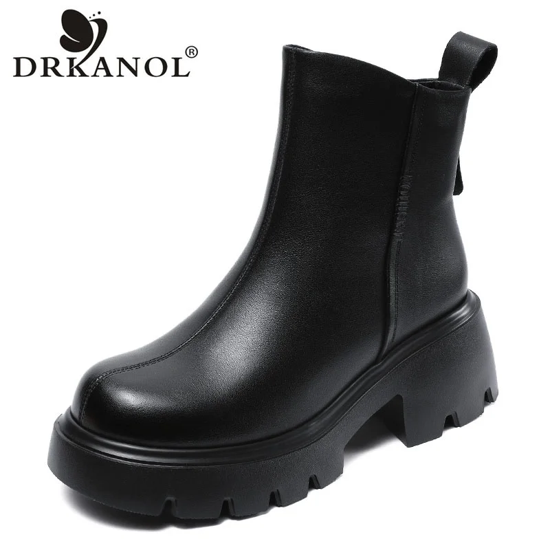 

DRKANOL British Style Women Genuine Leather Thick Heel Ankle Boots Autumn Winter Warm Platform Round Toe Zipper Cotton Boots