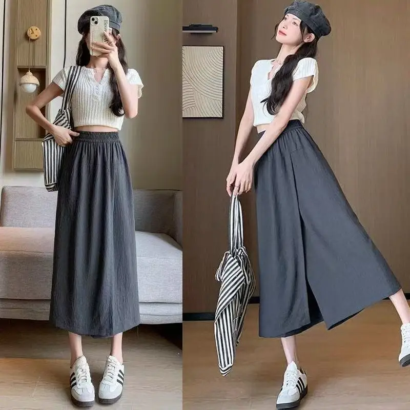 Slimming Ice Silk Casual Skirt Pants Women's Summer Thin Hanging Sense Wide Leg Pants Small Size Asymmetrical Eighteen Pants ...