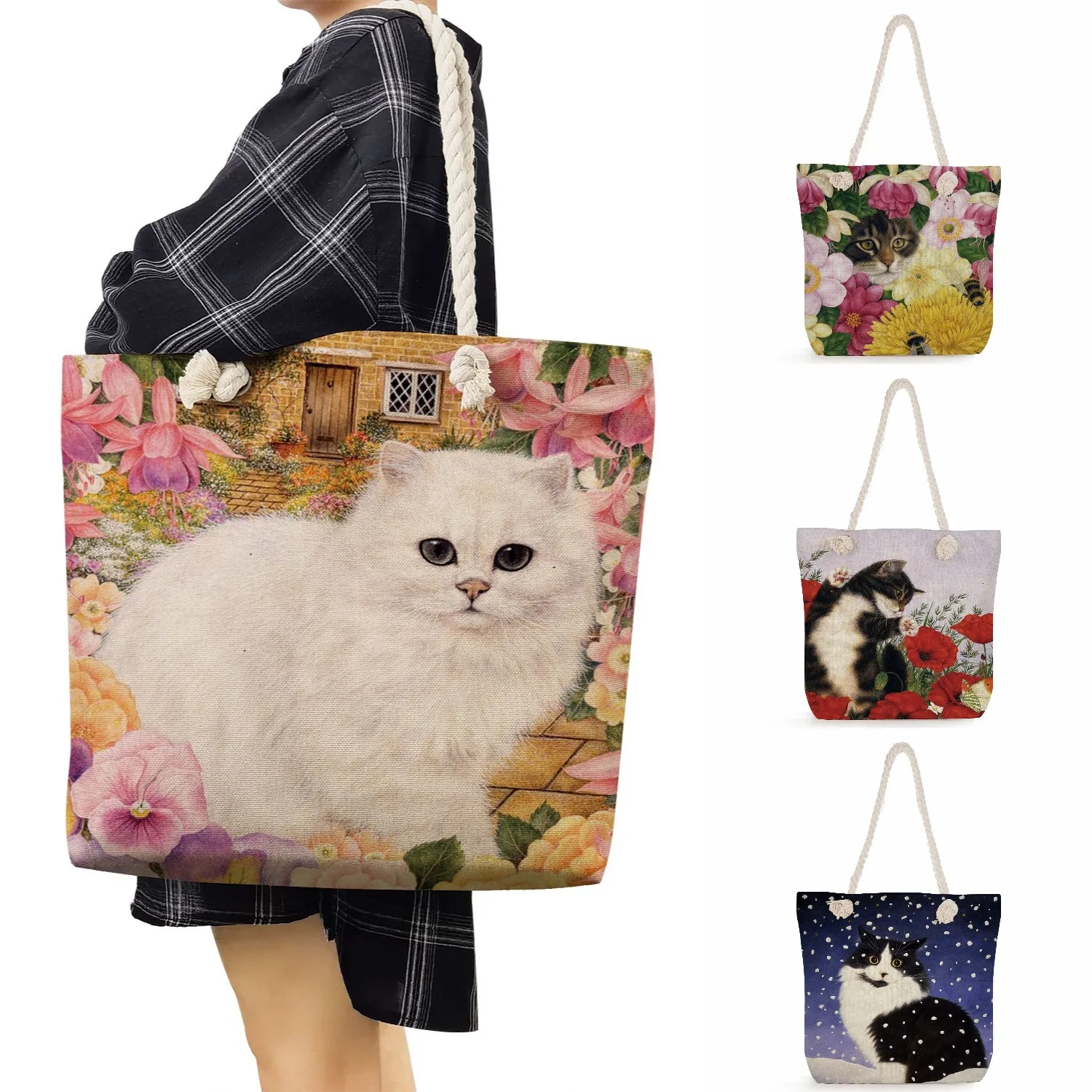 

Floral Cat Printed Handbags For Women High Capacity Thick Rope Casual Traveling Shoulder Bags Portable Cute Animal Tote Bags