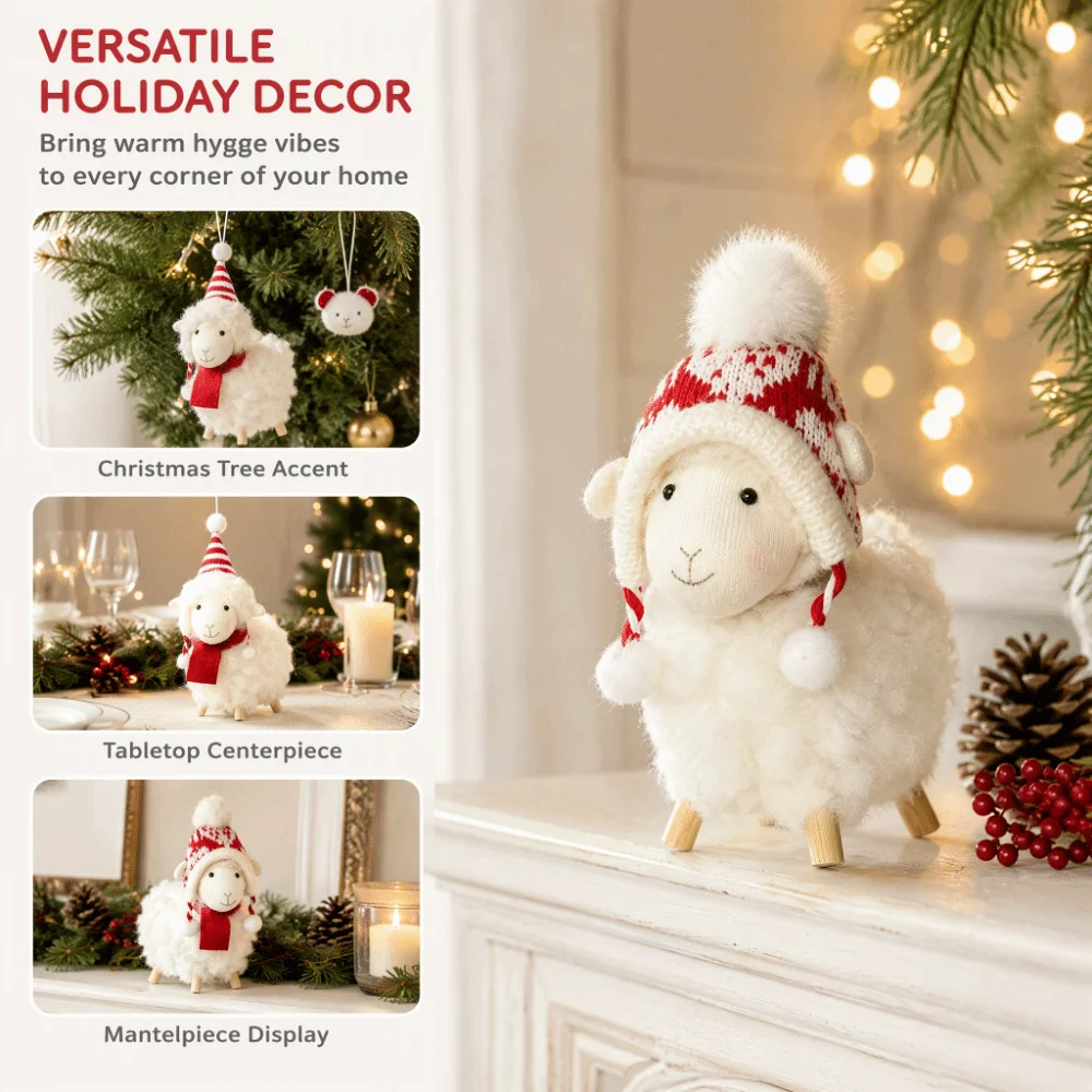 Mini Creative Sheep Scarf Hat Curly Fur Little Lamb Hanging Pendant Cute New Year Xmas Decoration Festive Gift