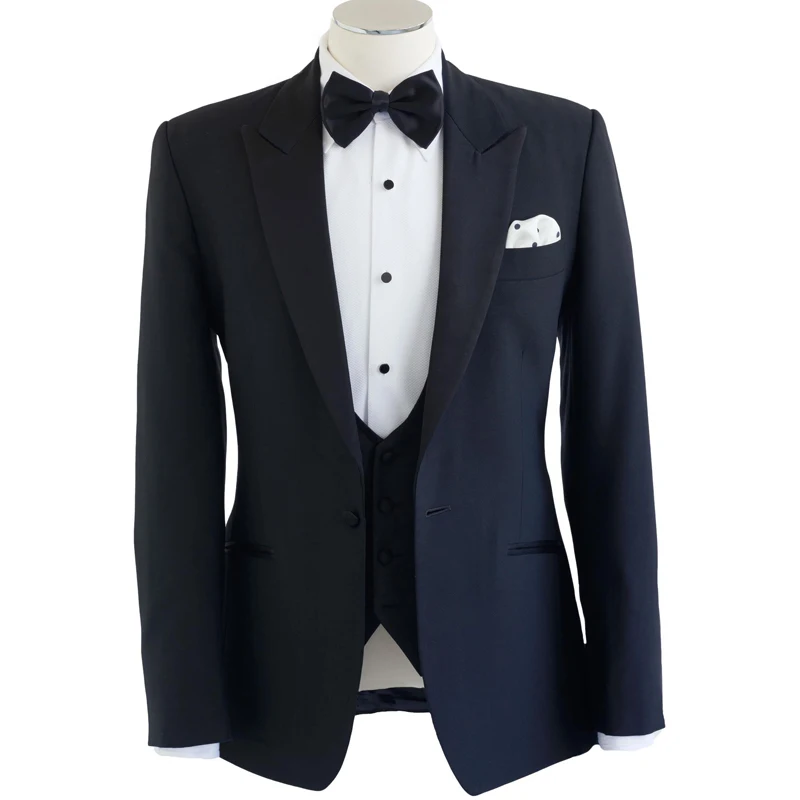 Navy Blue Business Men Suit One Button Peaked Lapel Wedding Tuxedos For Groom Three Piece Suit (Jacket+Vest+Pants)
