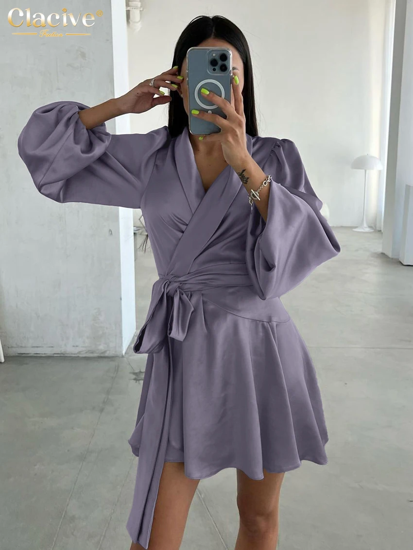Clacive moda solta roxo cetim vestido feminino 2025 casual com decote em v manga longa mini vestidos elegante clássico rendas vestido feminino