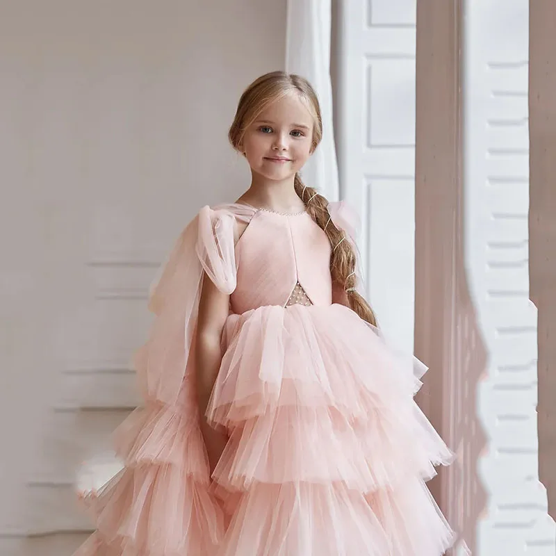 Tulle Layers Baby Girl Birthday Dress With Train Flower Girl Dress For Wedding Kids Princess Ball Gown Lush Dresses For Girls