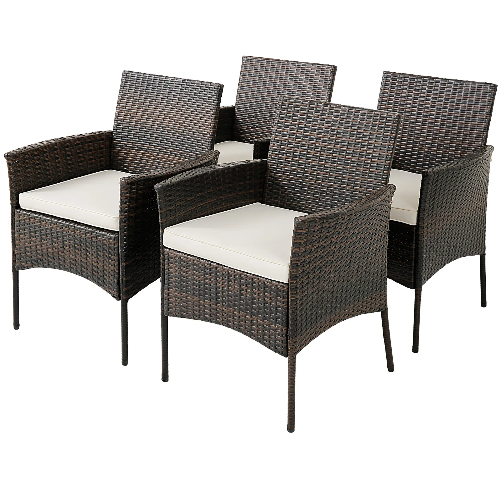 Set of 4 Patio Rattan Dining Chairs Cushioned Seat Curved Armrests Outdoor Porch