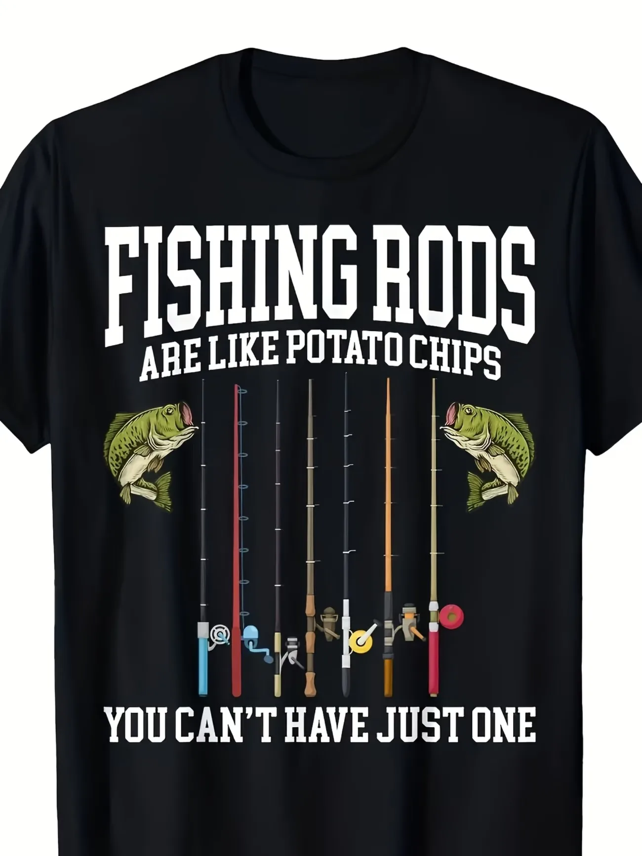 Men'S Funny Fishing Graphic Tee Fishing Rods Are Like Fries, You Can'T Have Just One Print Black Shirt Fishing Enthusiasts Tops