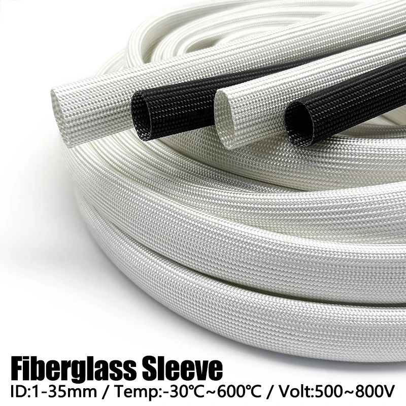 

2M/5M ID 1mm~35mm White/Black Braided Fiberglass Sleeve 600 Deg.C High Temperature Chemical Glass Fiber Tube Fiberglass Sleeving