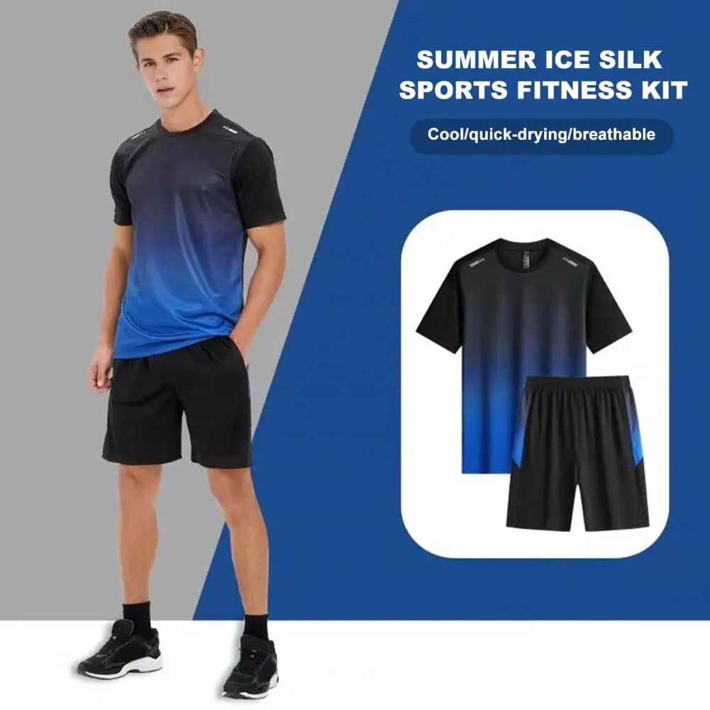 Fitness Clothes Ice Silk Quick Drying T-shirt Suit Men Short Sleeve Running Sportswear Shorts Tracksuit Gym Sports Training Sets