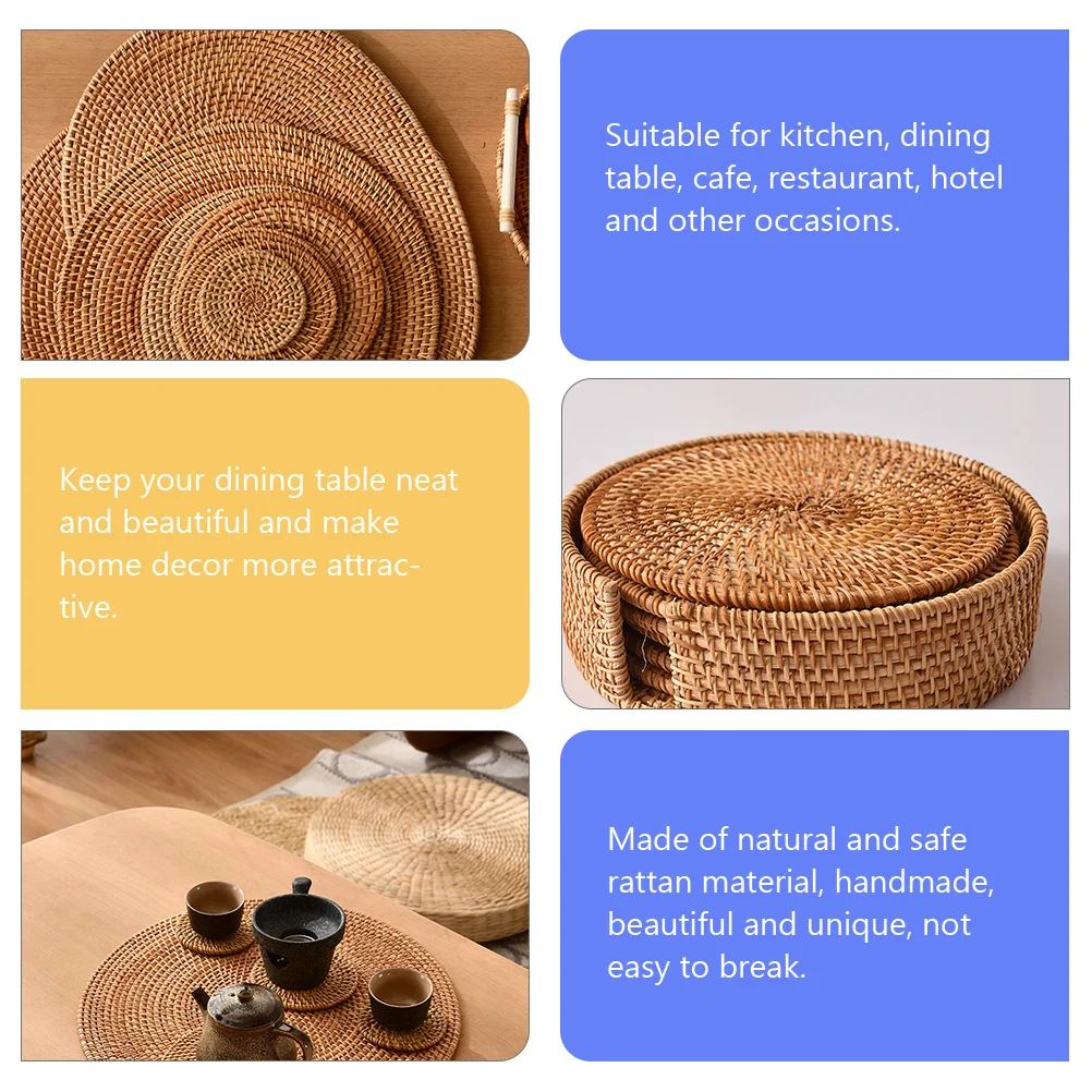 

4 Pcs Rattan Coasters H woven Natural Material Heat Insulation Mat Table Pad Kitchen Dining Decor Round Coaster Set