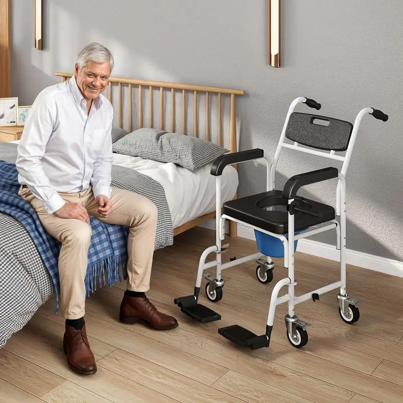 

HOMCOM Rolling Shower Wheelchair for Seniors, Bedside Commode Chair with Locking Wheels, Seat, Backrest, Arms, Black