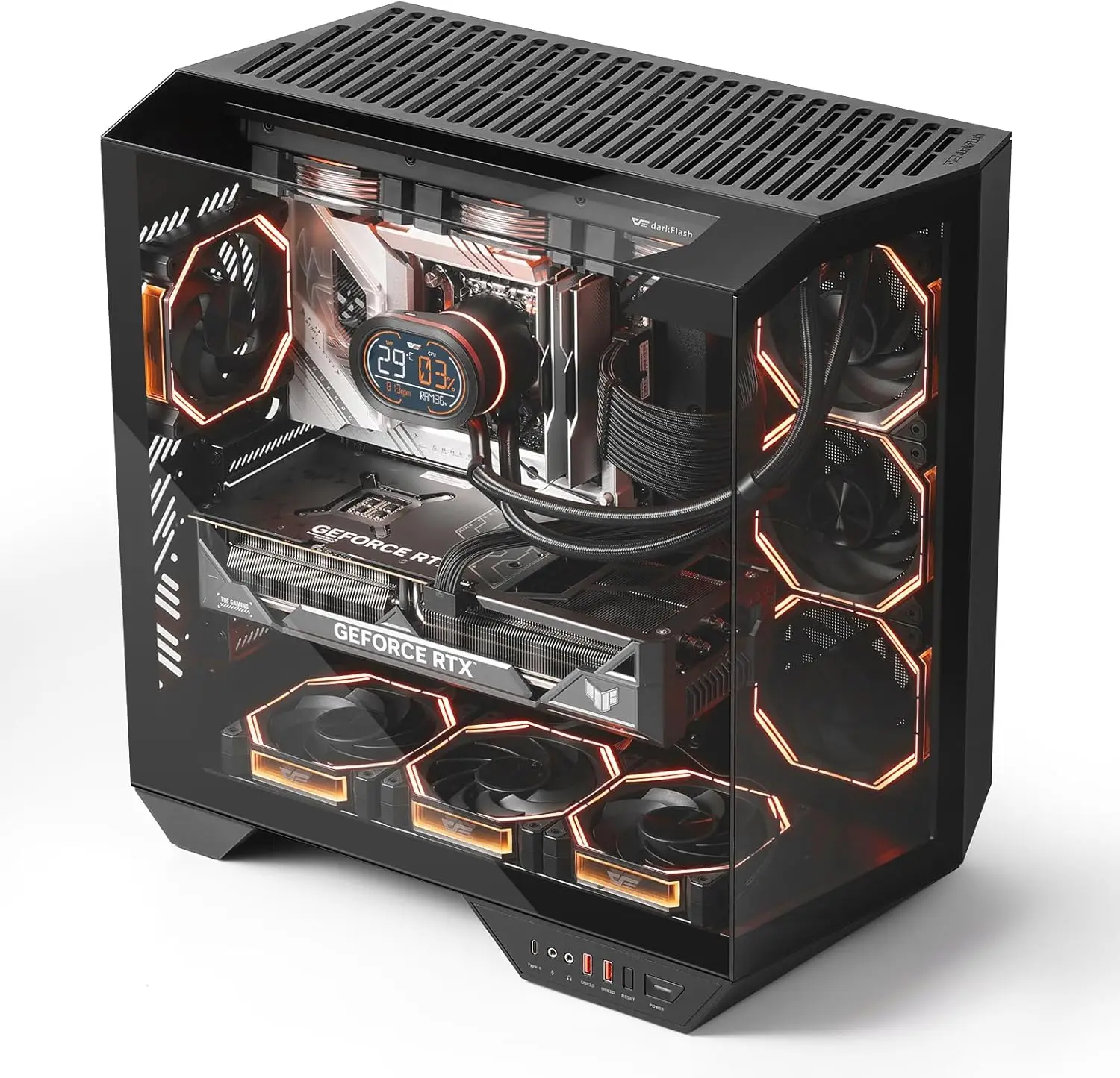 

Полноразмерный корпус для игрового ПК ATX с вертикальным креплением видеокарты, двухкамерной конструкцией, панорамным стеклом, совместимый с RTX 40