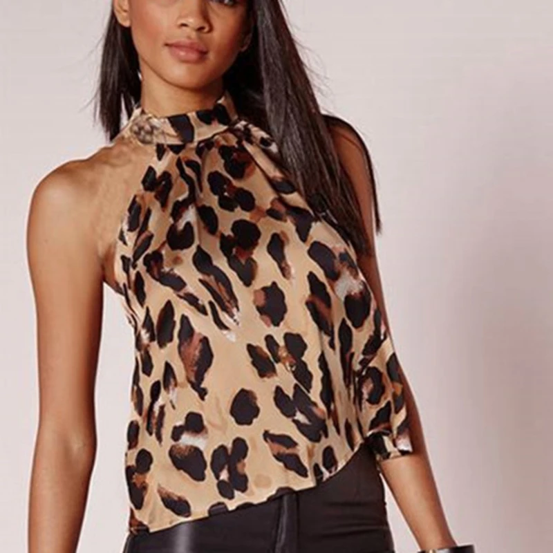 Women Tops Fashion Sexy Leopard Print For Ladies Shirts And Tops Halter Blouse Sleeveless Tees Female Clothing Summer