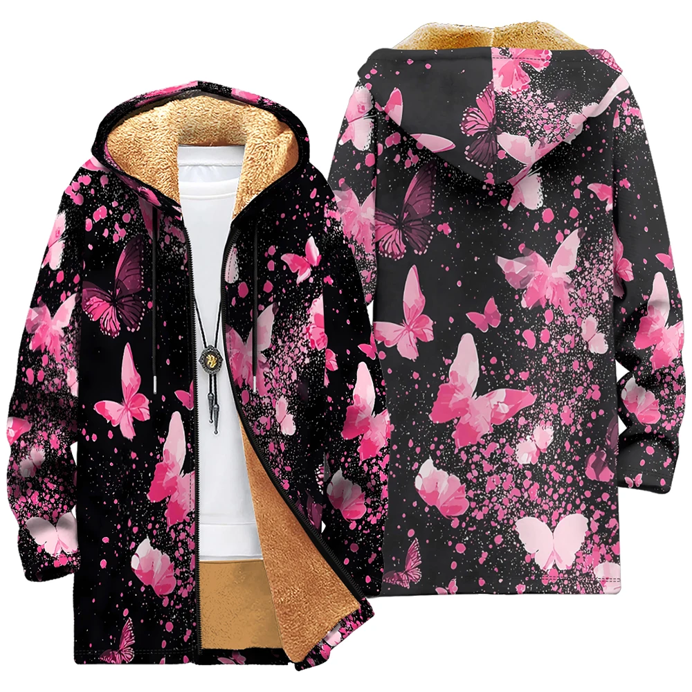 

Butterfly Print Fleece Lined Hooded Jackets Vintage Streetwear Coats Soft Lining Artistic Outerwear Autumn Winter Unisex