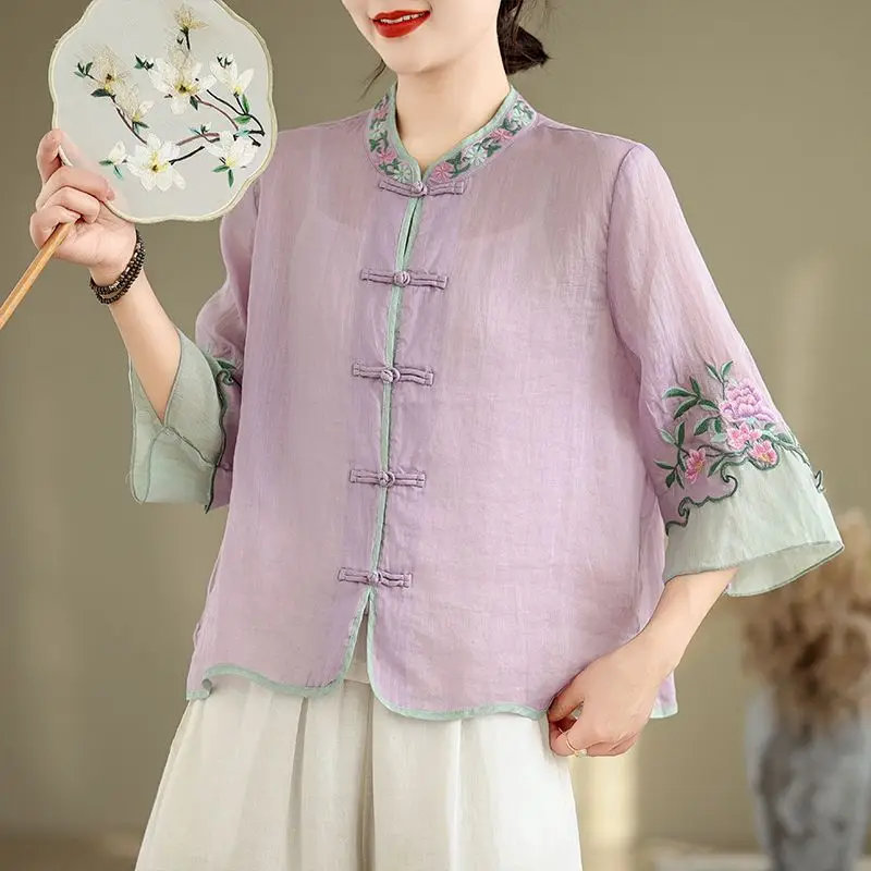 Women Chinese Style Flower Embroidery Vintage Button Shirt Stand Collar Loose Cotton Linen Blouse Summer 3/4 Sleeve Elegant Tops