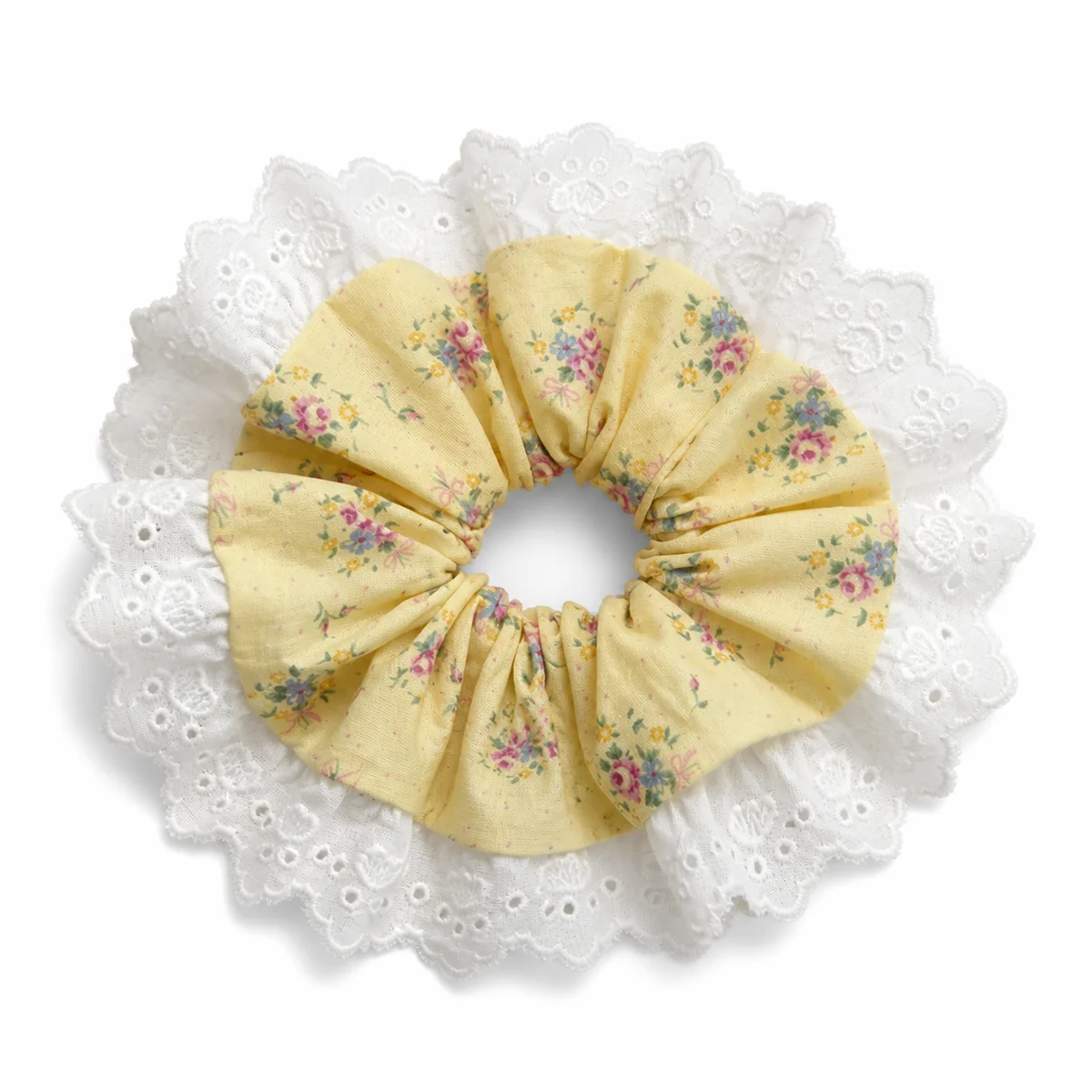 butter-yellow-tiny-floral-white-eyelet-lace-ruffled-double-layer-hair-scrunchie