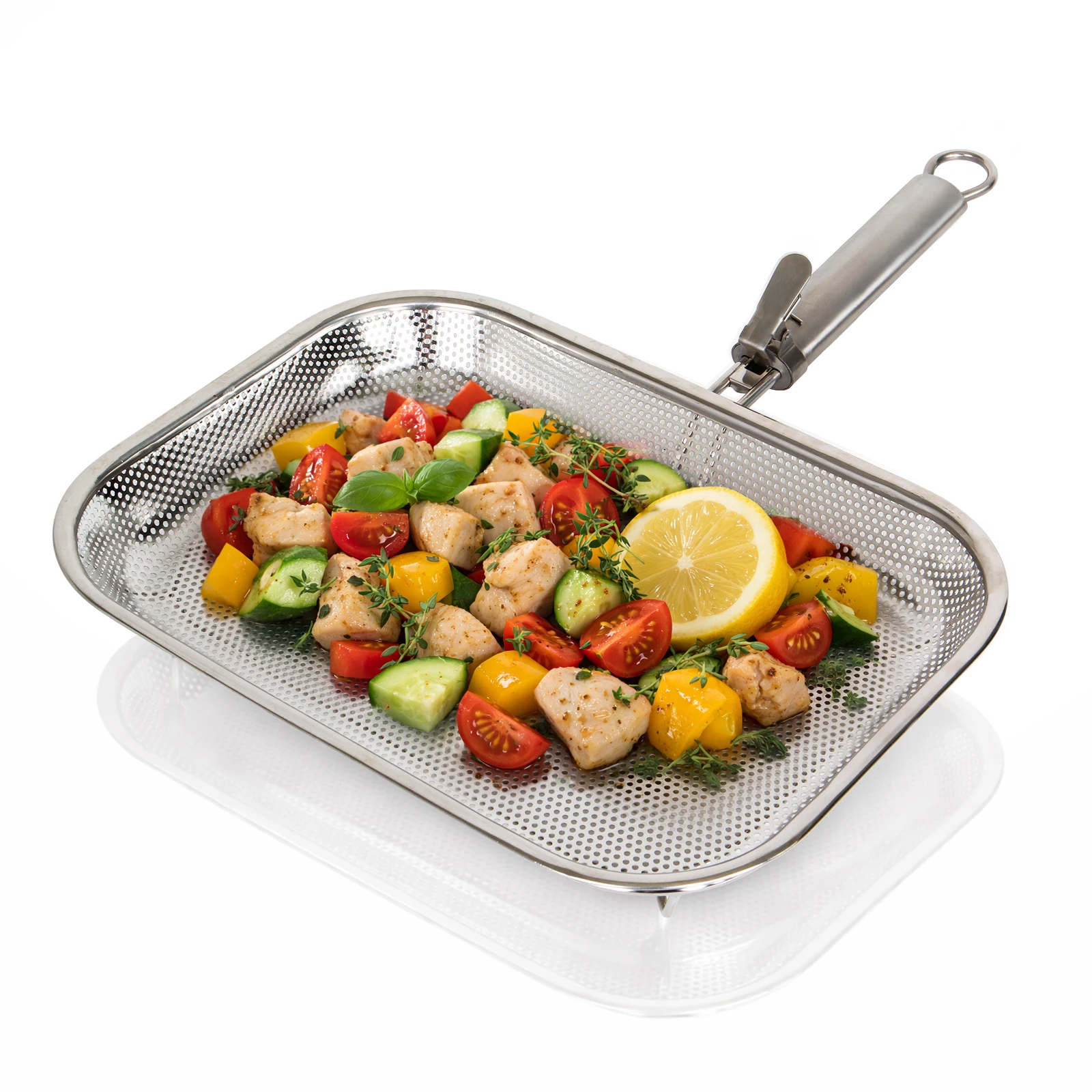 

tastyWay Portable Cast Iron Grill Basket with Handle, ideal for fish, vegetables, and shrimp, outdoor cooking accessory