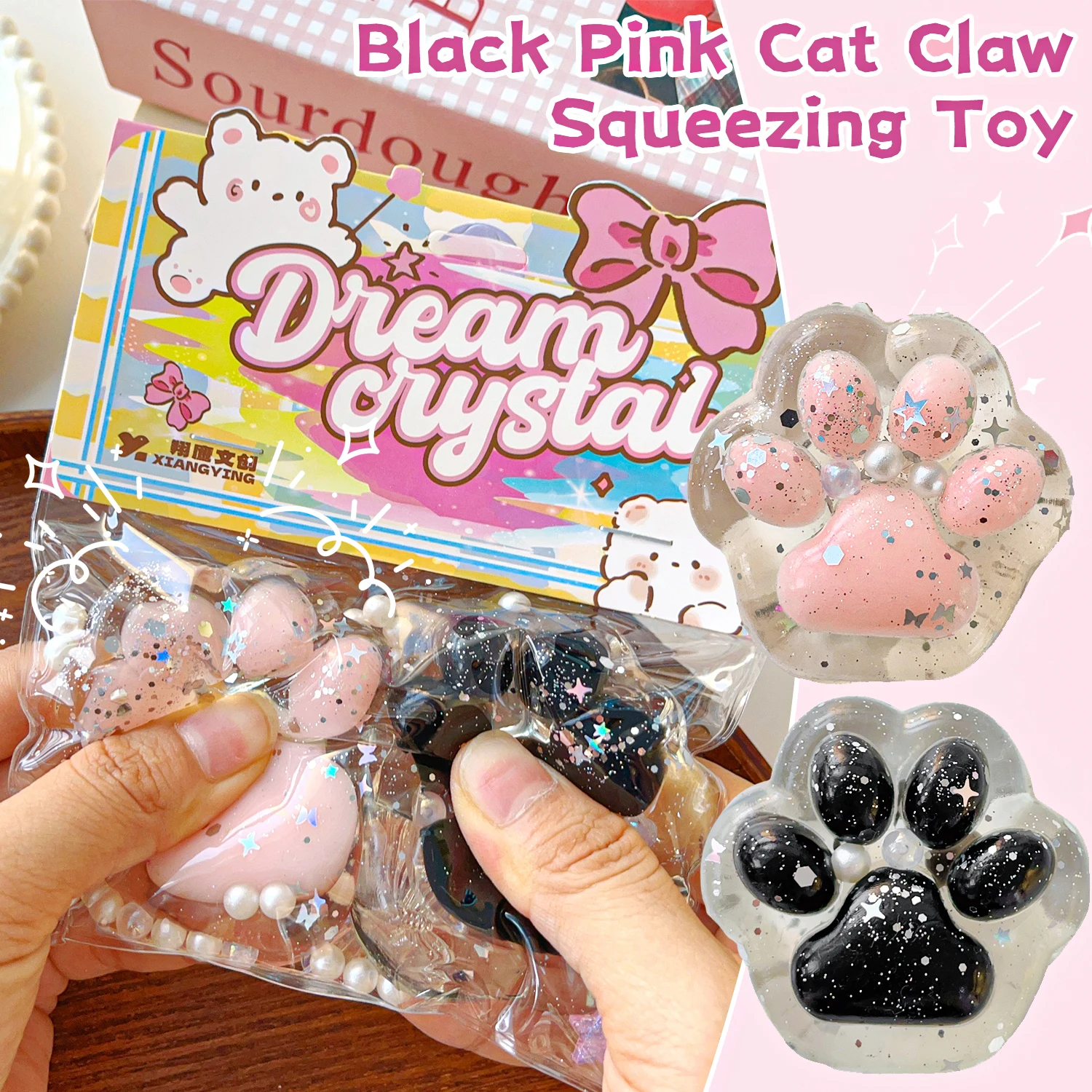 Black and Pink Cat Claw Pinch Toy Slow Rebound Transparent Wet Soft Decompression Toy Blingbling Pinch Children's Gifts