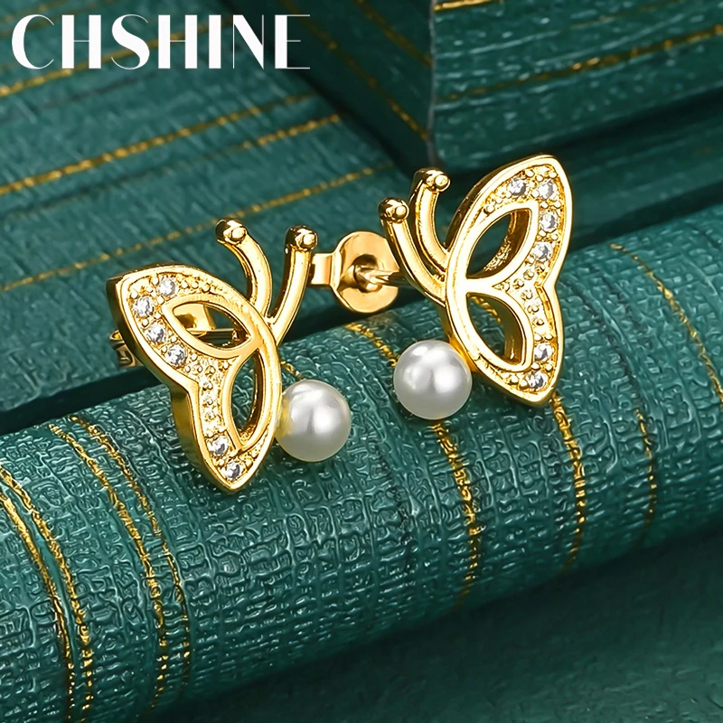 925 Sterling Silver 18K Gold Butterfly Zircon Pearl Stud Earrings for Women Fashion Wedding Party Jewelry