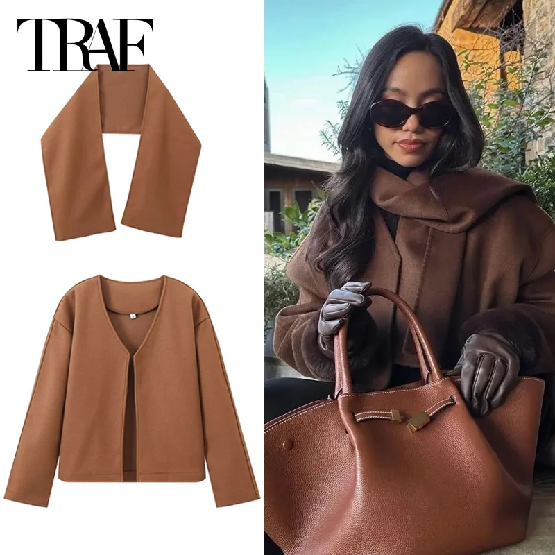 TRAF Wool&Blends 2024 Women Cropped Jackets Autumn Winter Scarf Short Jacket Outerwears Elegant Casual Brown Long Sleeve Coats