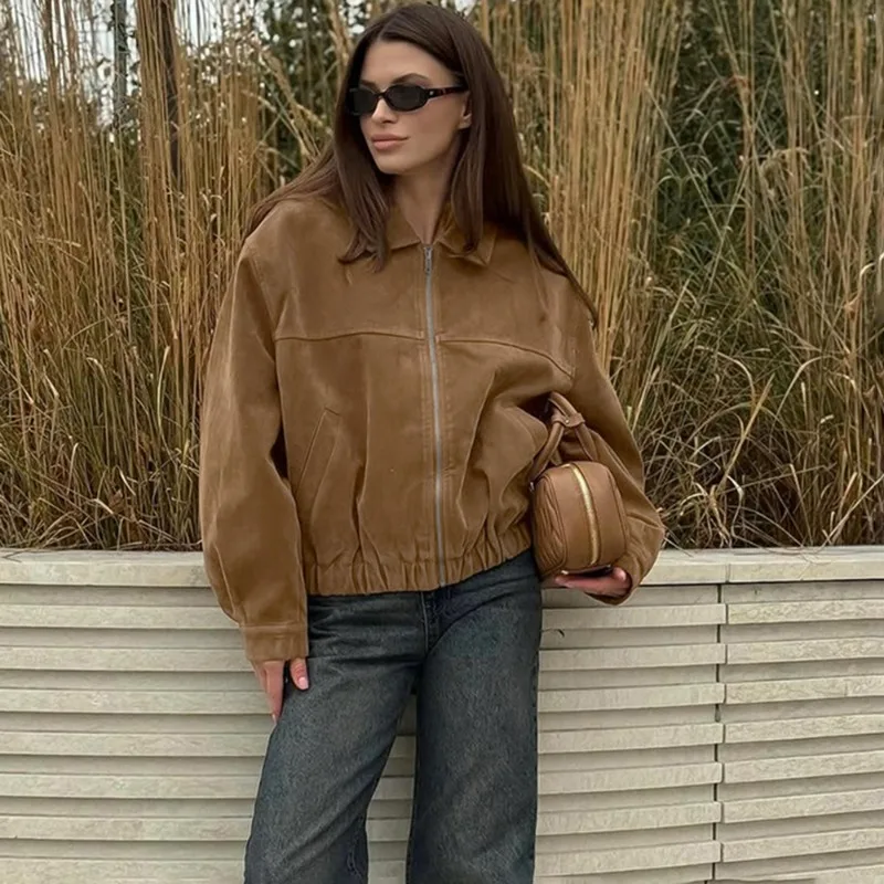

Talenza Fashion Vintage Suede Jacket Women Autumn Casual Lapel Patchwork Chic Zip Suede Coats Female Commuter Streetwear Outwear