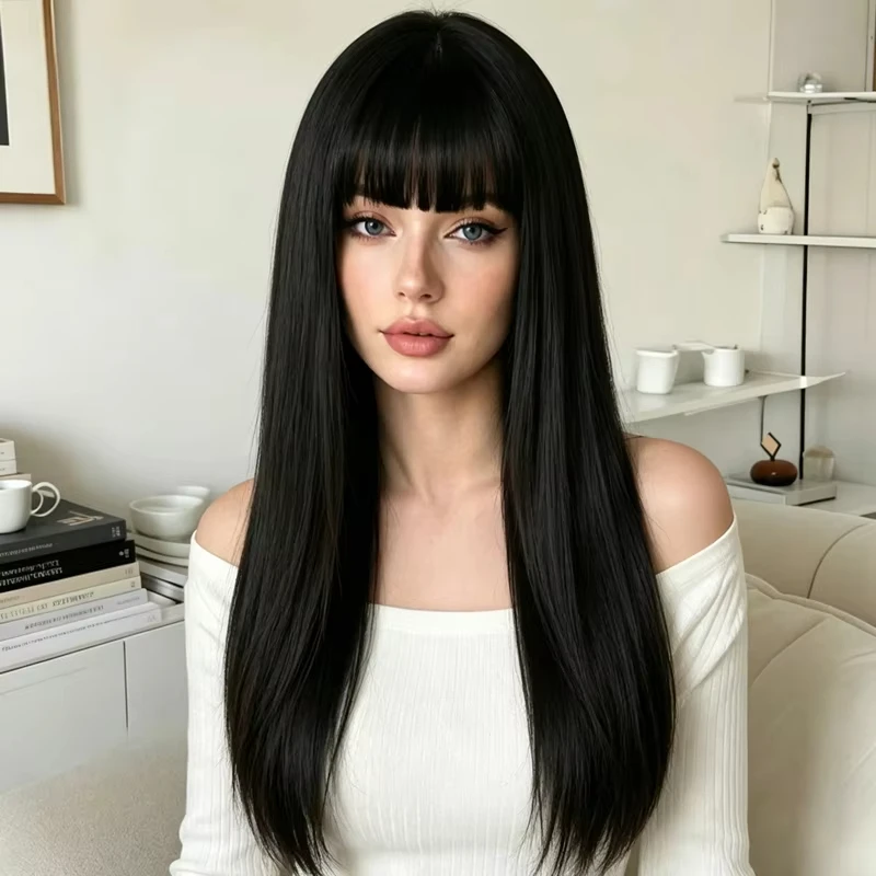 26-inch synthetic wig long straight hair Halloween wig cosplay wig role-playing party wig high-temperature hairnet