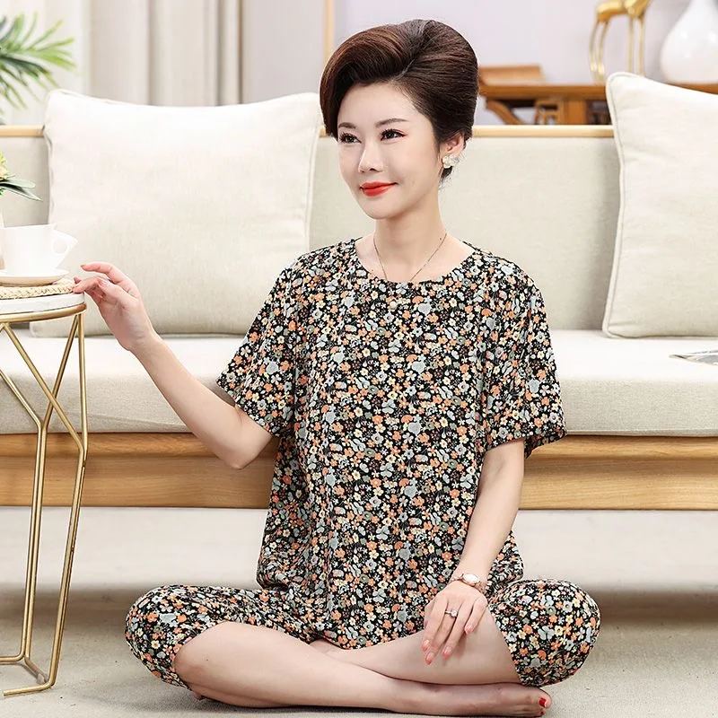 Summer Pajamas Set Round Neck Grandma Short Sleeve Sleepwear T-shirt Women's Home Clothes Pijama Feminino Plus Size Two-piece