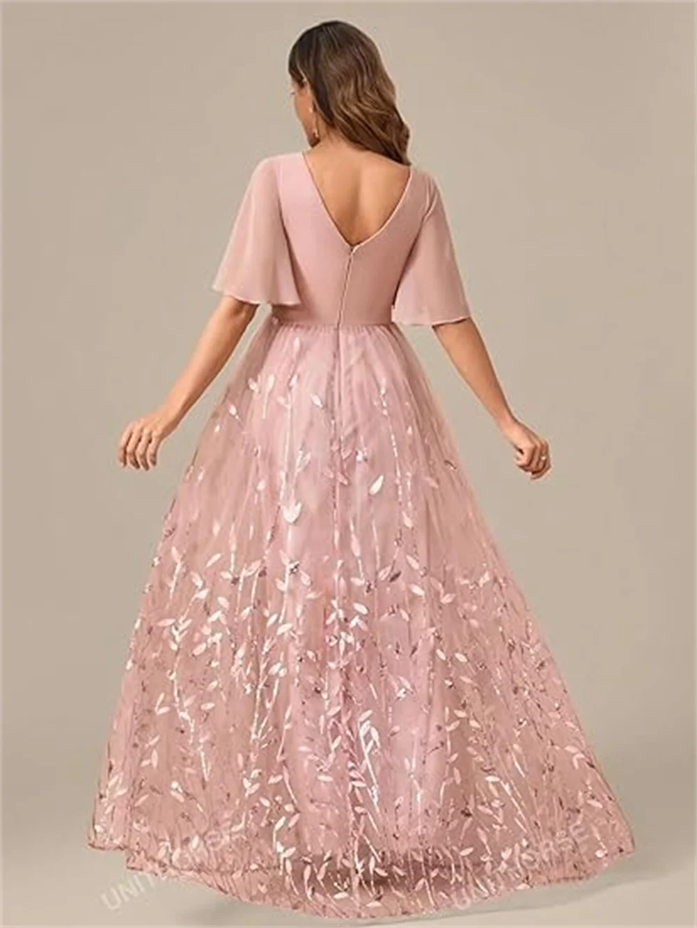 فستان أم العروس مخصص برقبة على شكل V شيفون ترتر وأكمام مكشكشة فستان سهرة رسمي بخصر إمبراطوري فستان زفاف الضيوف