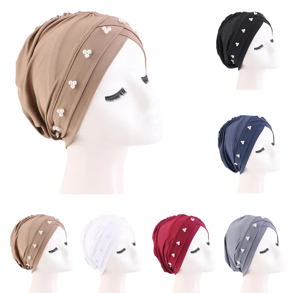 

2025 Women Stretchy Turban Hat Cross Head Wrap Pearls Hijab Cap Inner Caps Solid Color Soft Headscarf Fashion Muslim Hats Scarf