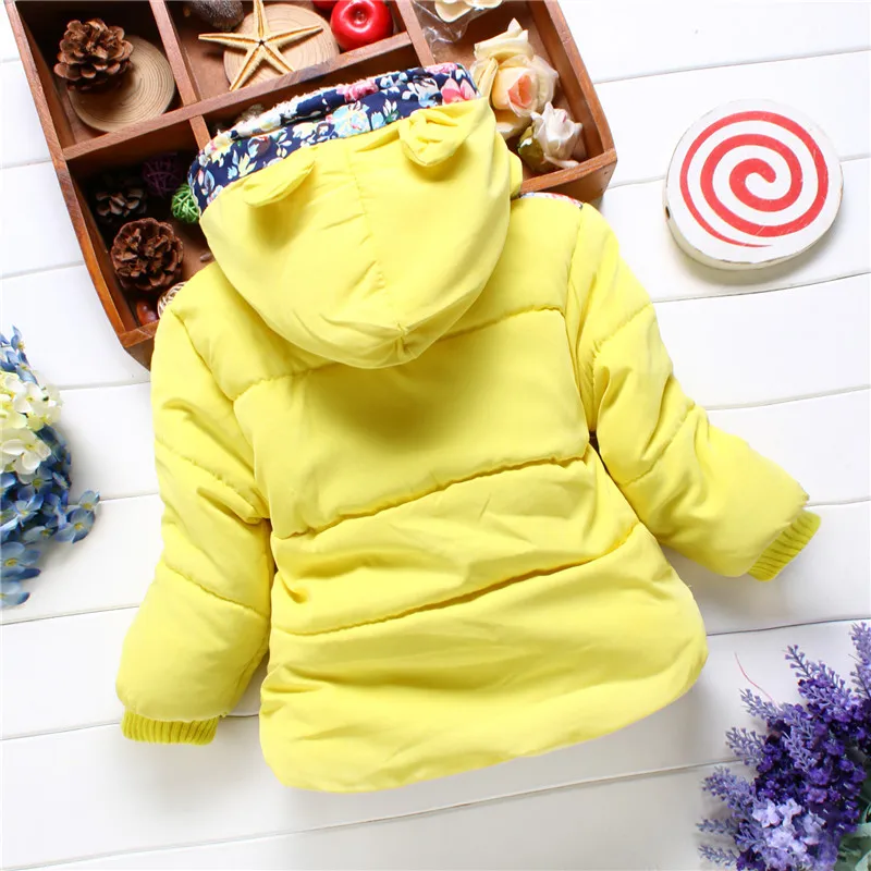 Winter New Girls Coat Top Floral Long Sleeve Cartoon Pattern Thick Warm Hooded Cotton-Padded Clothes For Children