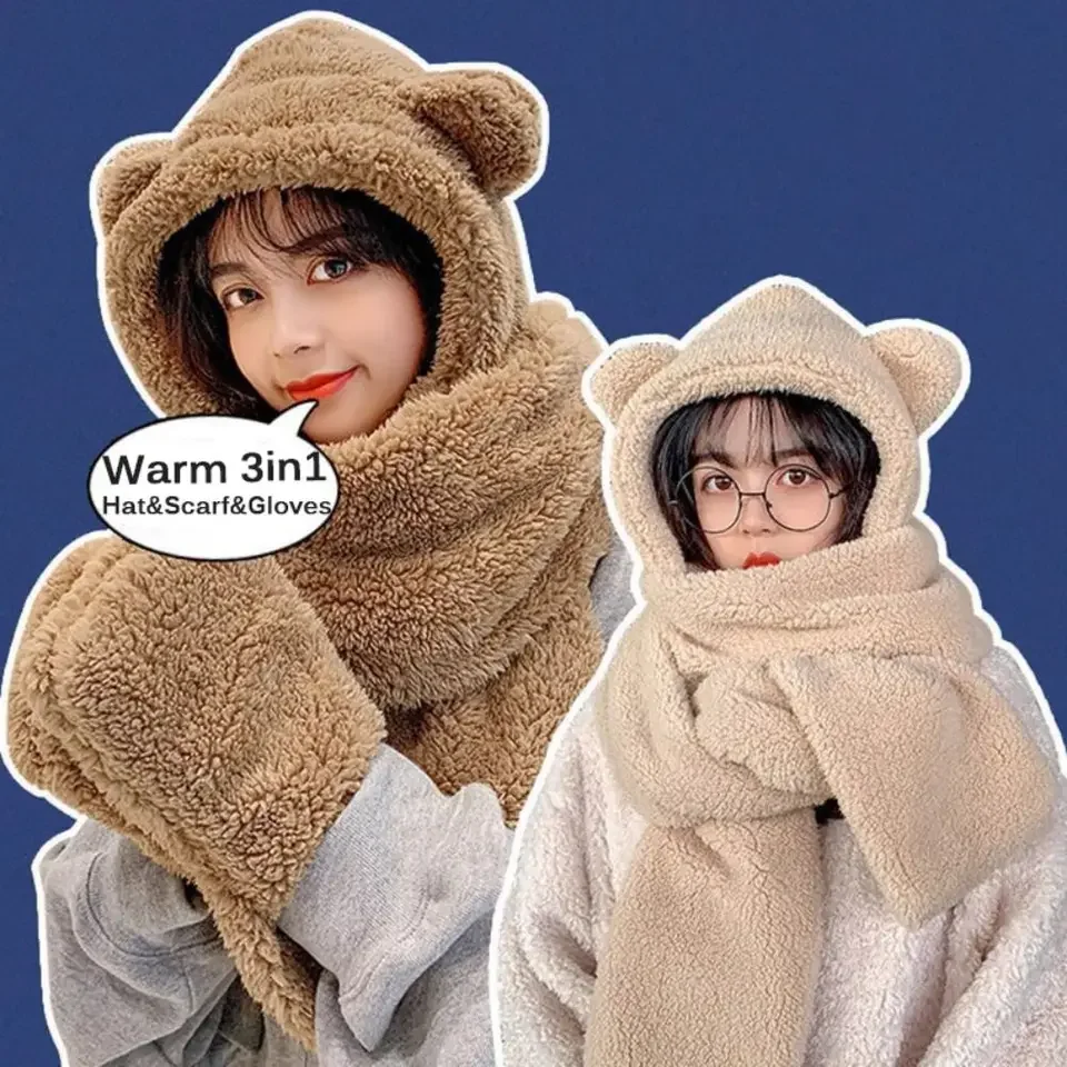 

New Cute Bear Ear Hat Scarf Gloves Set Plush Windproof Women Beanies Caps Winter Warm Thicken Ear Hat