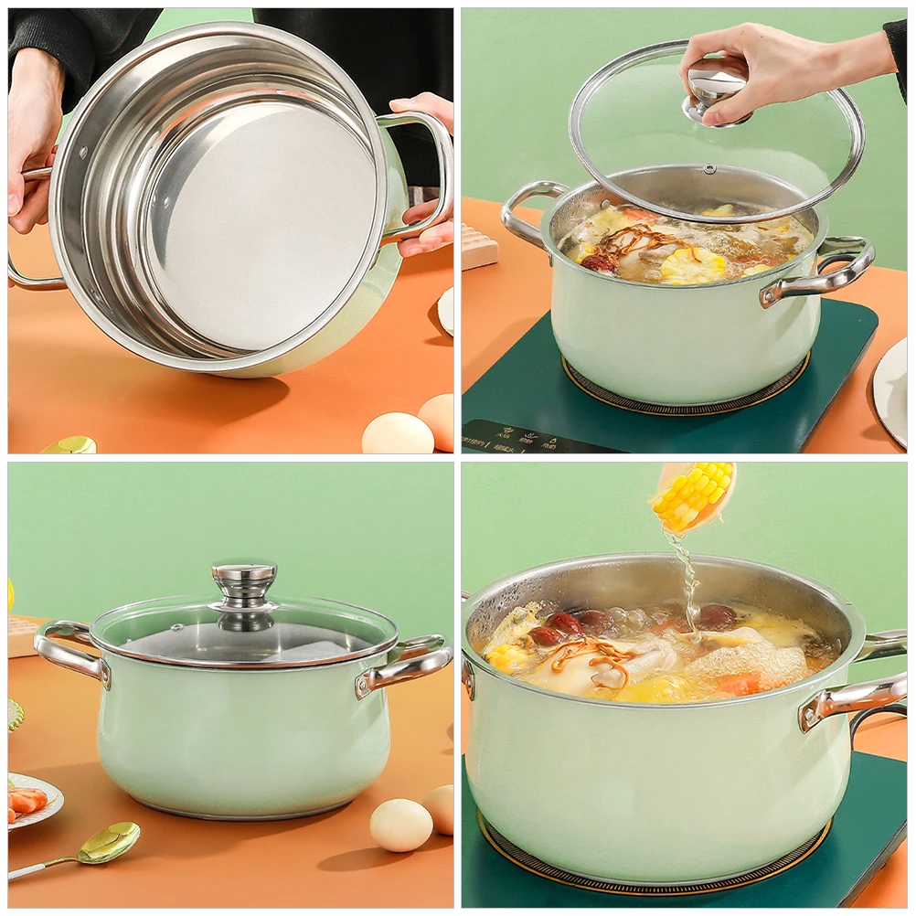 Sopa de acero inoxidable con tapa, gran capacidad, cocina casera, estofado de doble mango, olla para fideos, suministros de cocina, olla Ramen