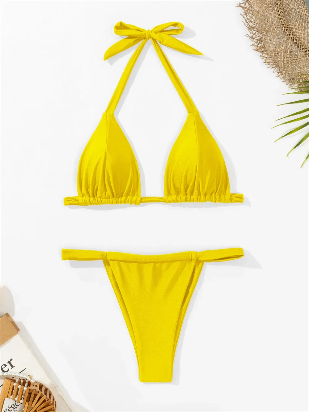 Bright Yellow Bikini Push Up Triangle Sets Bowknot Back Bandage Split Swimsuit Y2K Swimwear Women Beach Micro Thong Bathing Suit