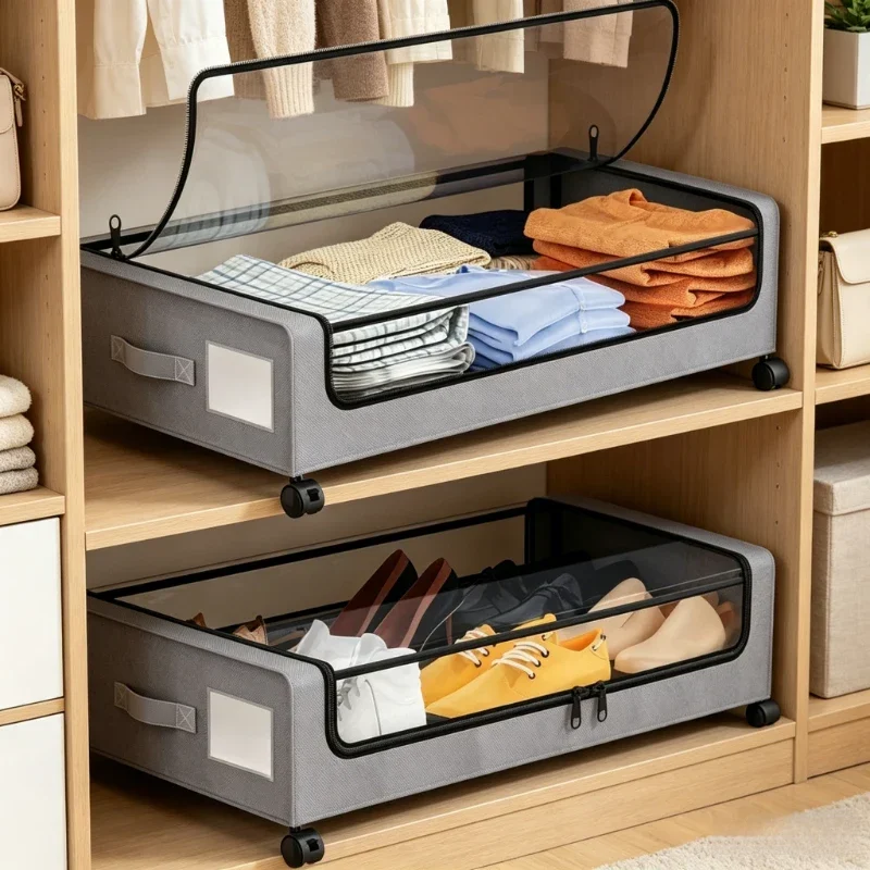 

Underbed Pull-Out Storage Containers with Wheels & Lids, Space Saving Organizers for Shoes and Clothes in Dorms & Bedrooms