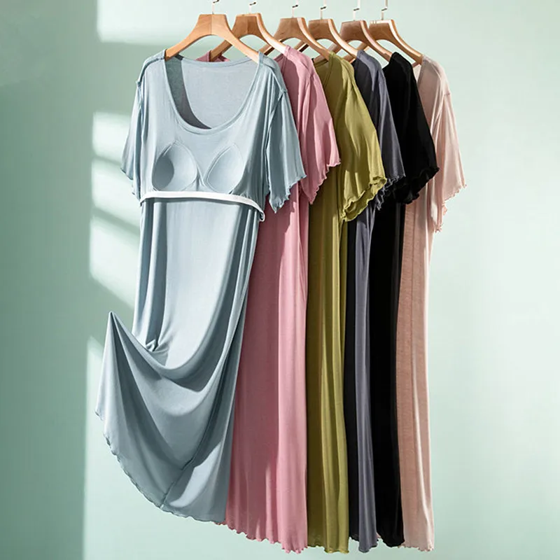 New Short Sleeve Modal Comfortable Sleepwear Women O Neck Chest Pad Nightgowns Casual Summer Nightshirt Ladies Home Wear Dress