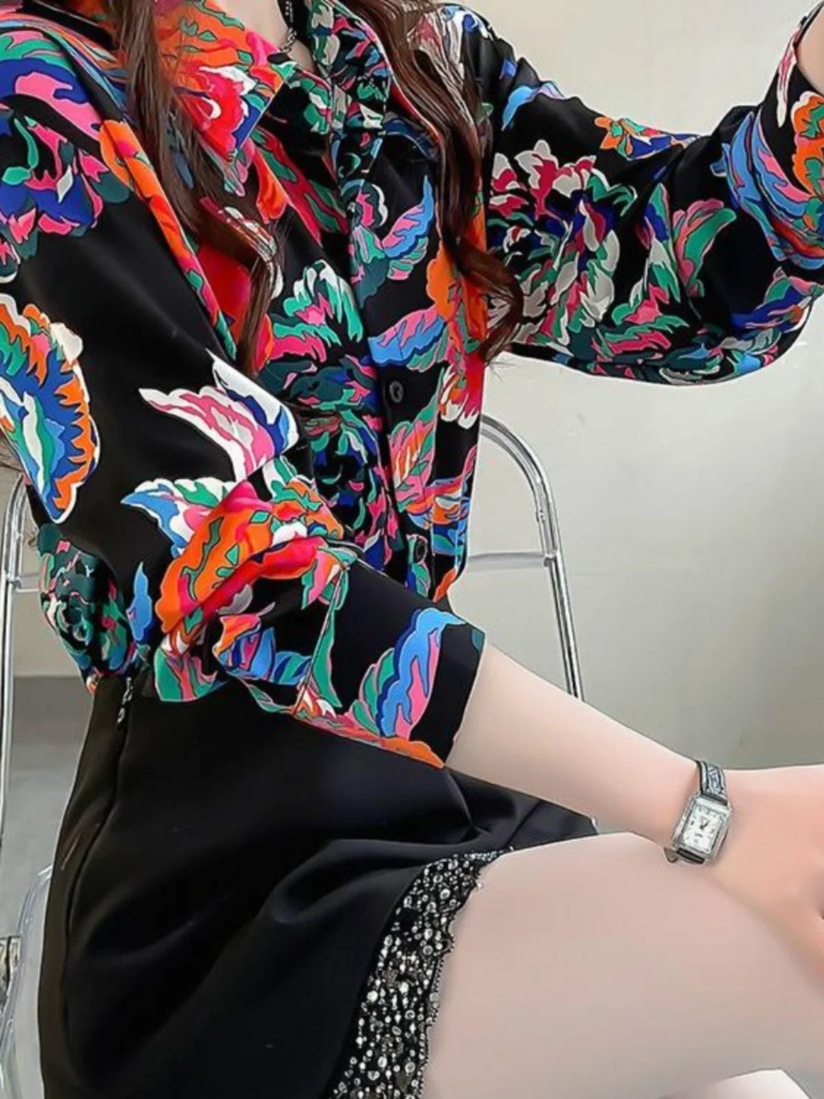 

Ele Vintage Floral Print Long Sve Women's irt Chiffon Slimming Base Layer Collar Spring Faion Commute Sle