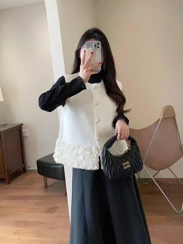 เสื้อกั๊กถักไหมพรมแบบกระดุมเดียว ดีไซน์เกาหลี แต่งผ้าลูกไม้ ทรงกลม รุ่นใหม่ สำหรับผู้หญิง ฤดูใบไม้ผลิ ฤดูใบไม้ร่วง ฤดูหนาว เสื้อคุณภาพสูง อุ่นสบาย