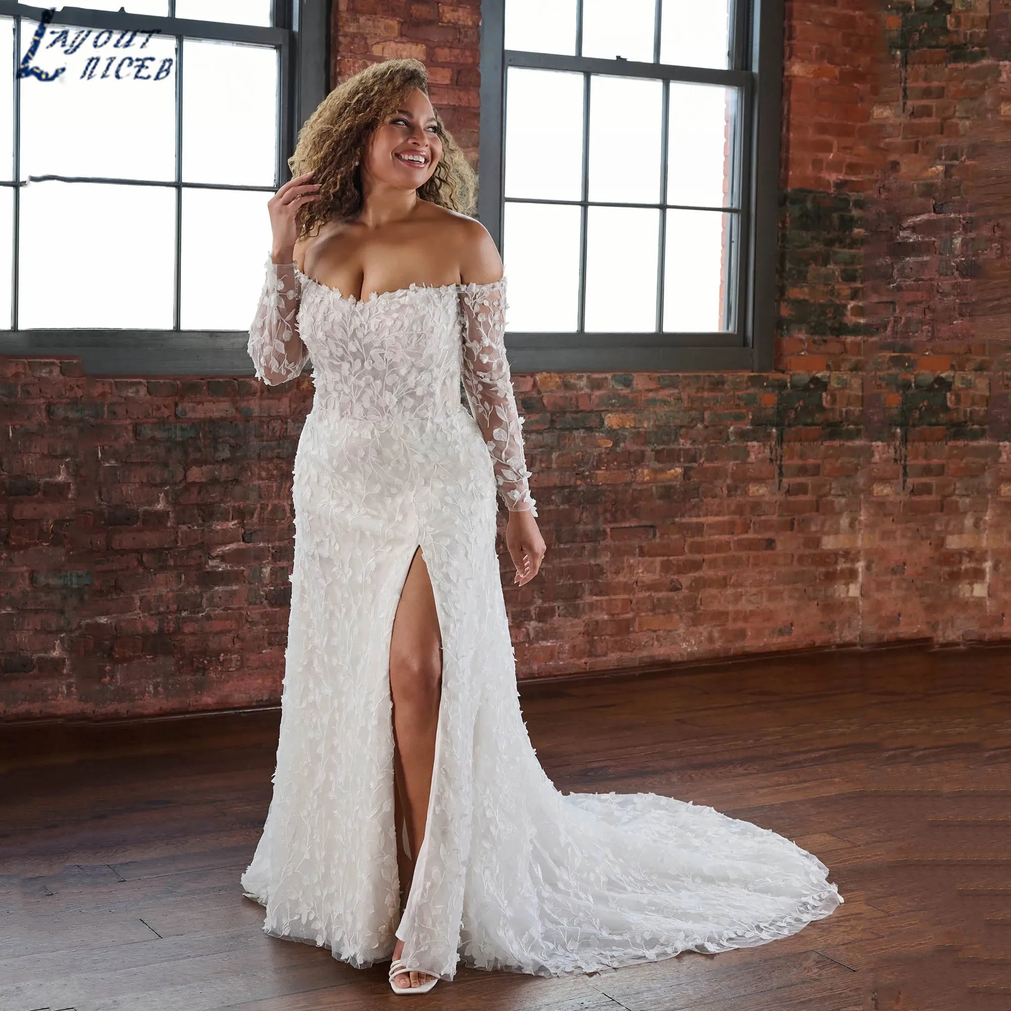 

Plus Size Luxury Wedding Gown Off Shoulder A-line Side Slit Bride Dress 3/4 Sleeves All Lace Modern vestidos de novia Customized