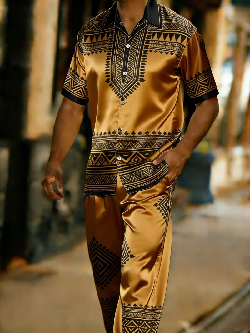 New Champagne Gold Pelis Cashew Flower Two Piece Elegant Luxury Men's 3D Printed Short Sleeve Shirt Pants Set view 4