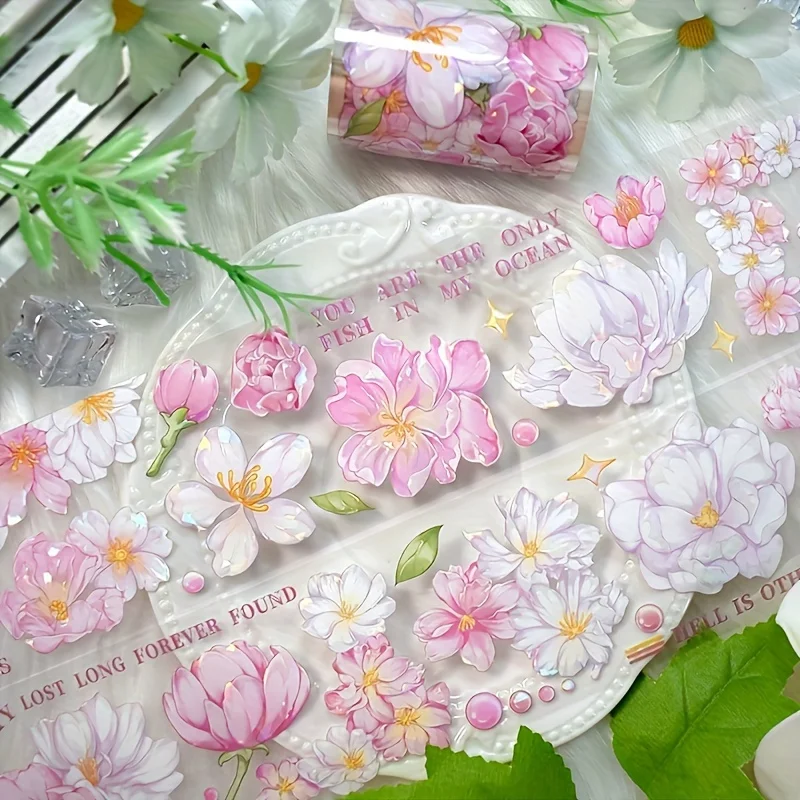 2M Pink Flower PET Decorative Stickers Vintage Rose Transparent Washi Tape For Scrapbooking Journal DIY Card Making Materials