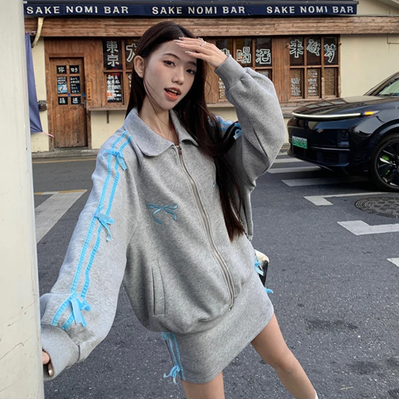 Grey Hoodie Set Women Spring Autumn Bow Embroidery Turn-down Collar Zipper Loose Coats Casual Skirts Chic Sweet Two Piece Set