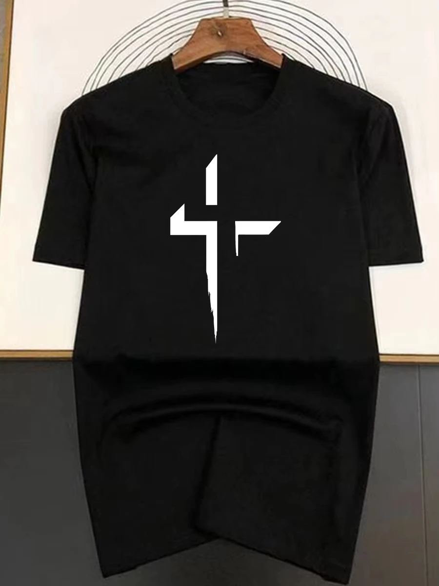 

Summer Men's 100% Cotton Casual Loose Large Size Cross Creative Printing Sports Comfort T-shir