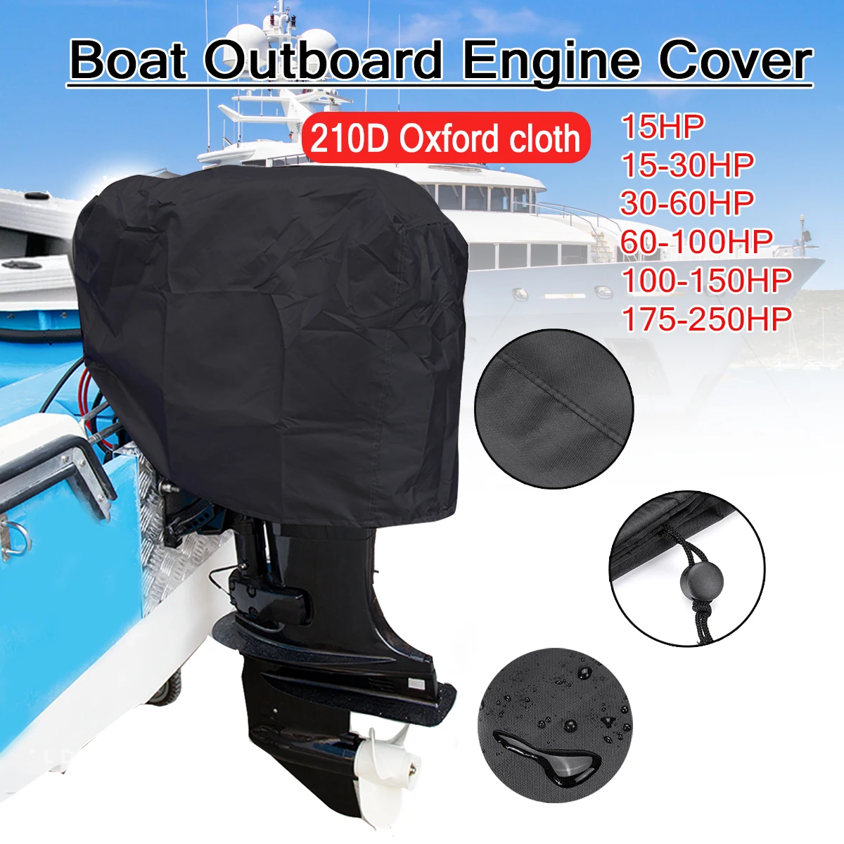 15-250HP 210D Half Outboard Motor Engine Boat Cover Black Oxford Waterproof Anti-scratch Heavy Duty Outboard Engine Protector