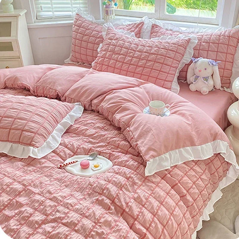 Pink pinch pleat duvet cover couple 2 people luxury double bed bedding four-piece set 220x240 quilt cover queen king size