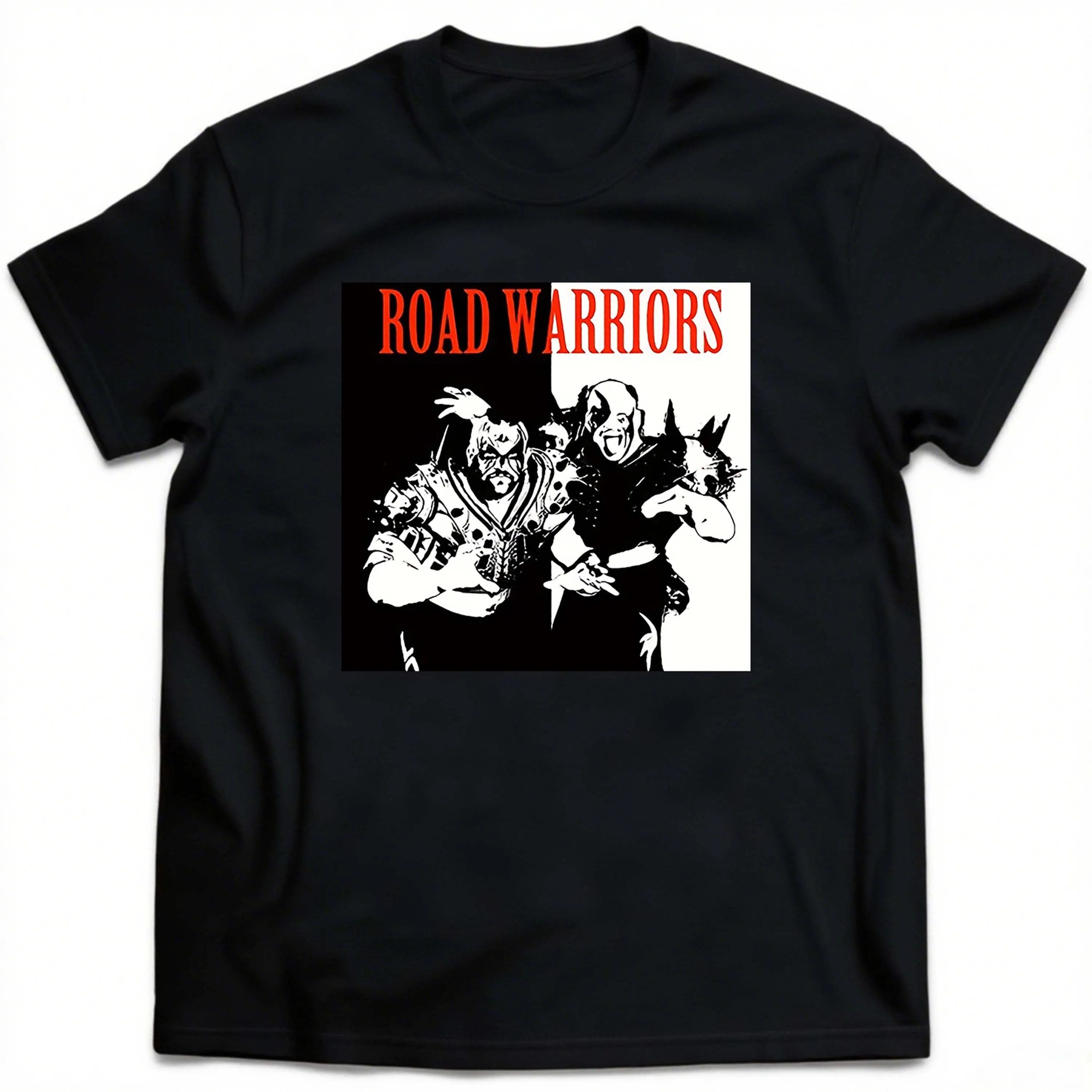 Camiseta de manga corta negra con gráfico de Road Warriors de talla grande, adecuada para ropa de ocio al aire libre en verano