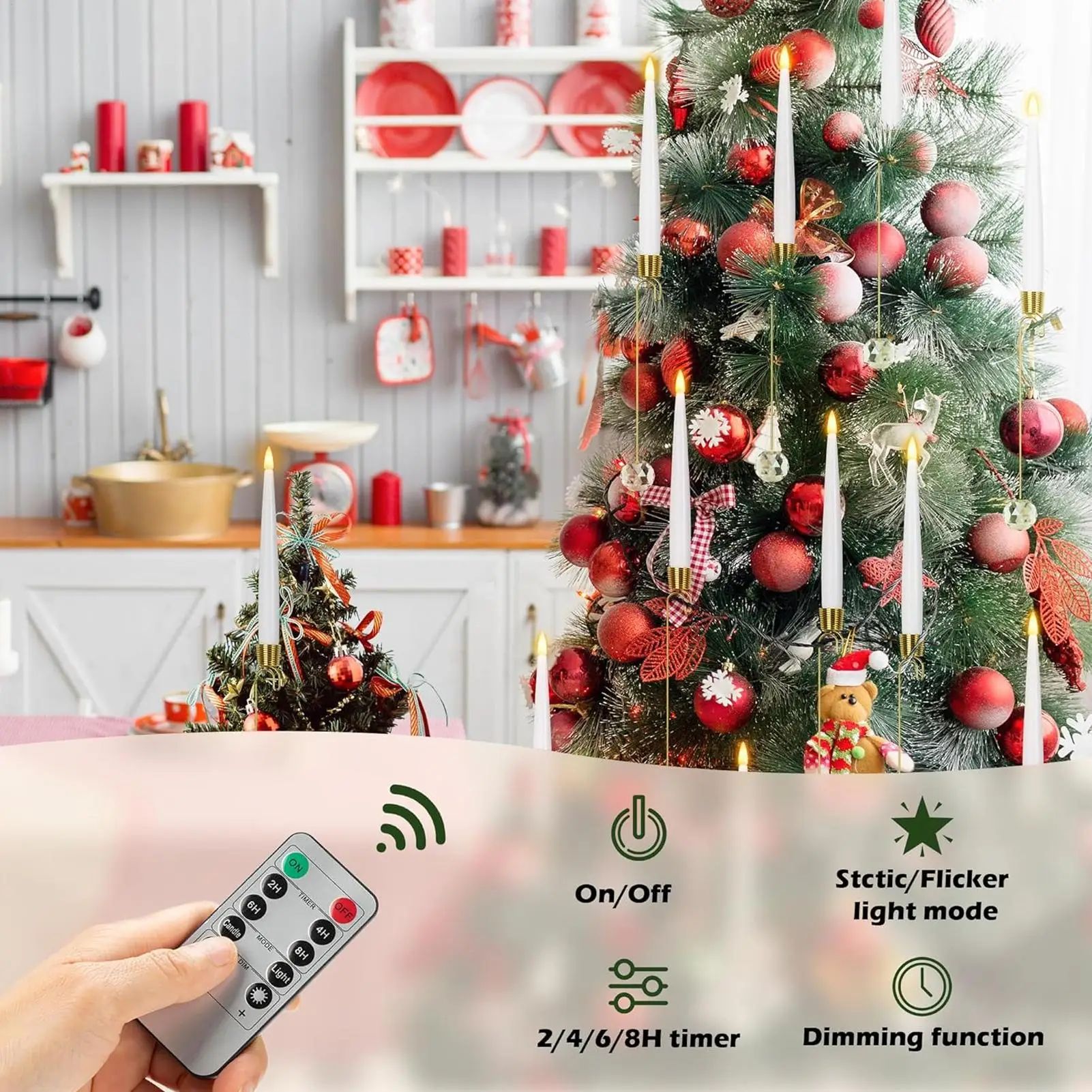 Christmas Tree Candles Battery Operated LED Candles with Remote 6 Piece Flameless LED with Pearl Ball Hook Decor for Holiday