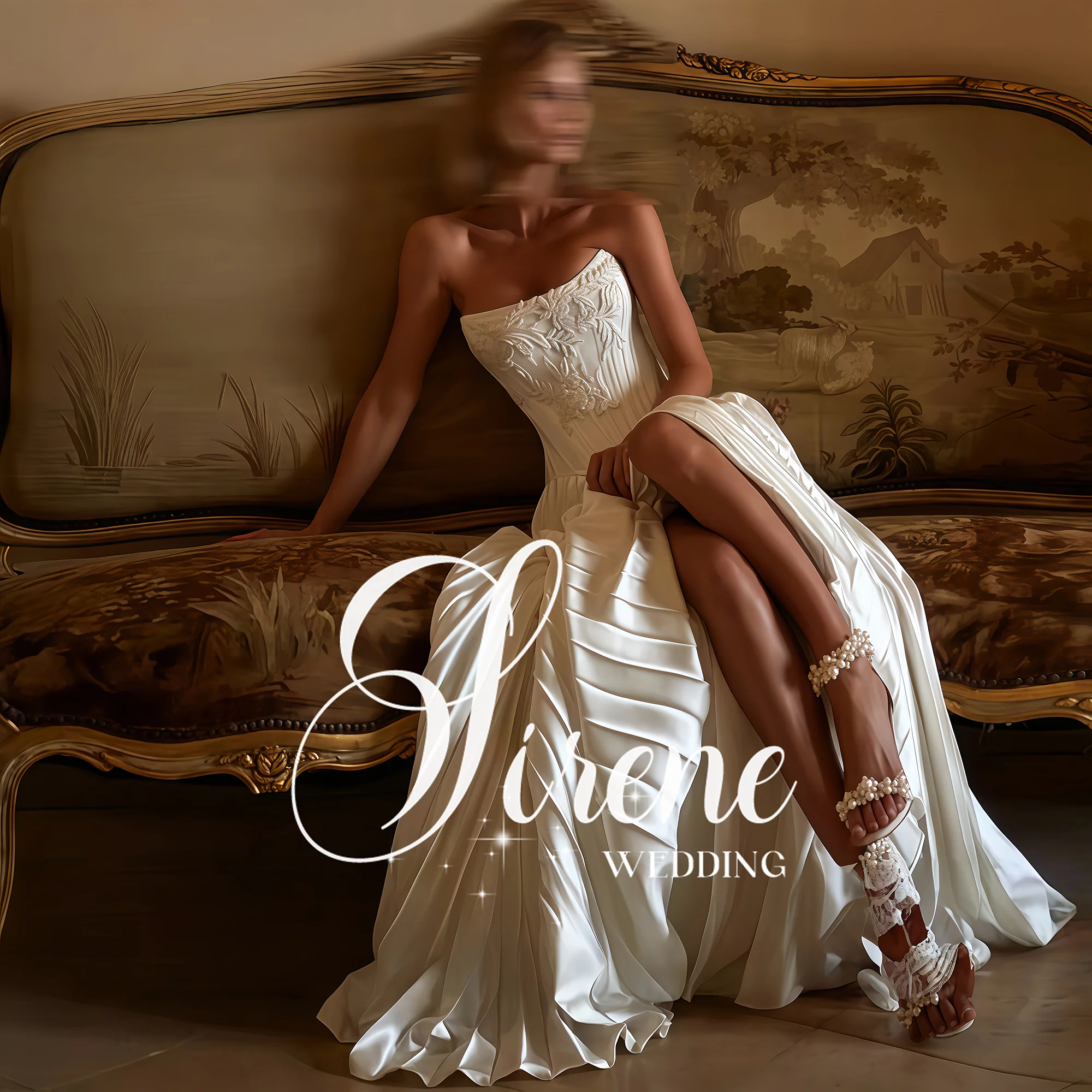 

Sirene Elegant Strapless Sleeveless Floor Length Embroidered A-Line Bridal Gowns Simple Open Back Vestidos De Novia Customized